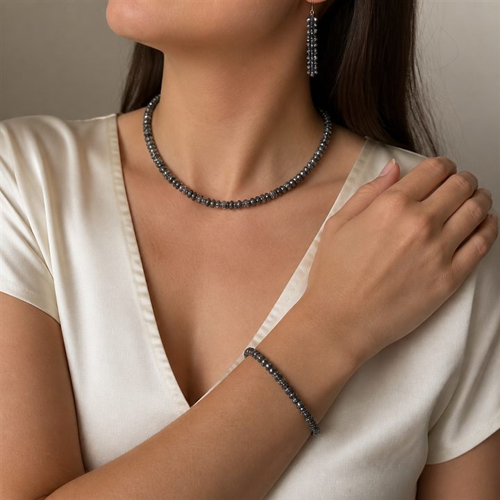 Collana, bracciale e orecchini Ematite indossata