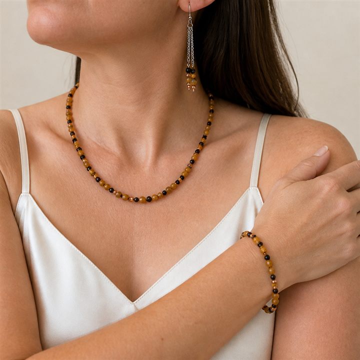 Collana e orecchini Ambra e notte indossata