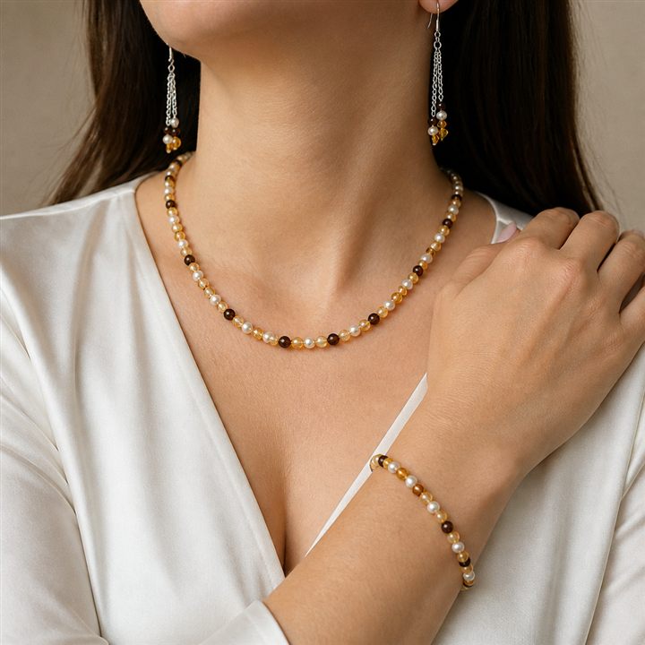 Collana e orecchini Miele e perla indossata