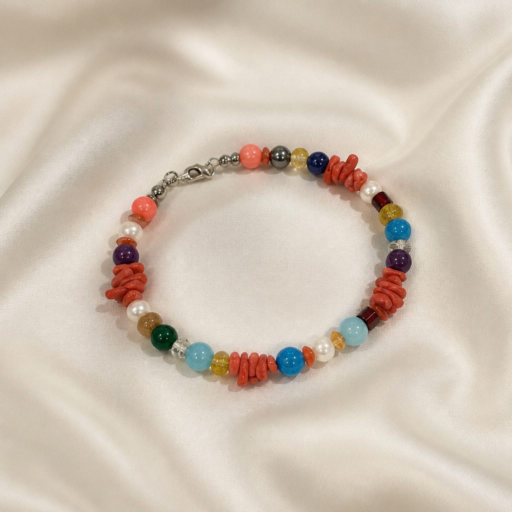 Bracciale con gancio Corallo boho, multicolor (arancio, rosa, blu, giallo, verde, viola, celeste, bianco), argento, foto 2 di 4