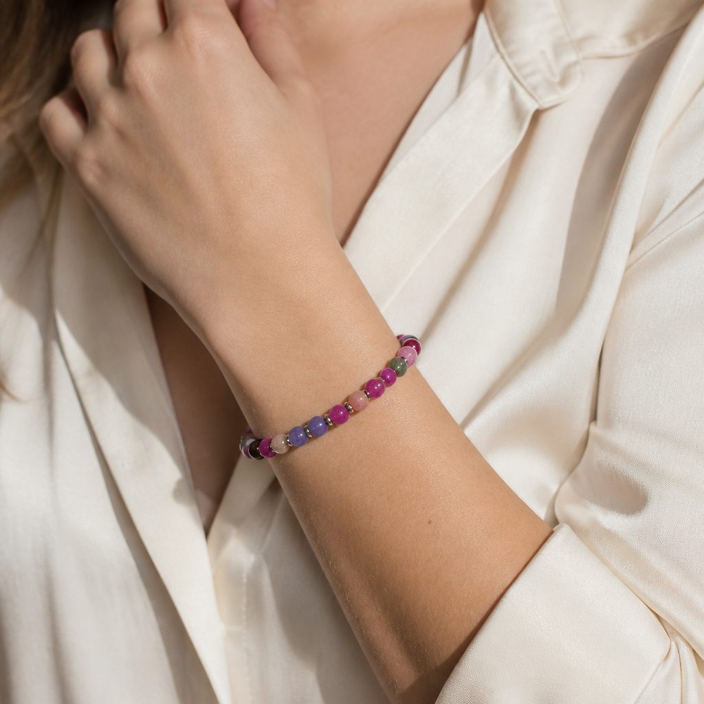 Bracciale a molla Giardino viola, fucsia, viola, verde, rosa cipria, azzurro, blu, marrone, argento, foto 1 di 3