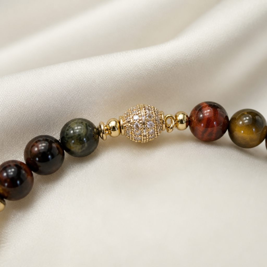 Bracciale a molla Occhio di tigre, marrone, ambra, giallo oro, nero, oro, foto 4 di 4