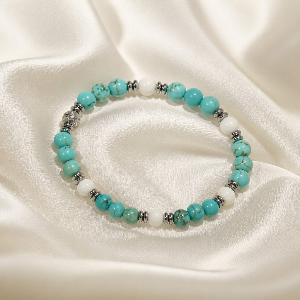 Bracciale a molla Turchese e neve, turchese, bianco, argento, foto 2 di 4