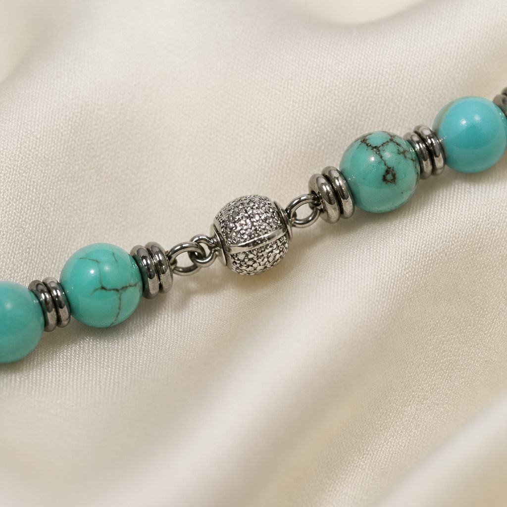 Bracciale a molla Turchese e neve, turchese, bianco, argento, foto 4 di 4