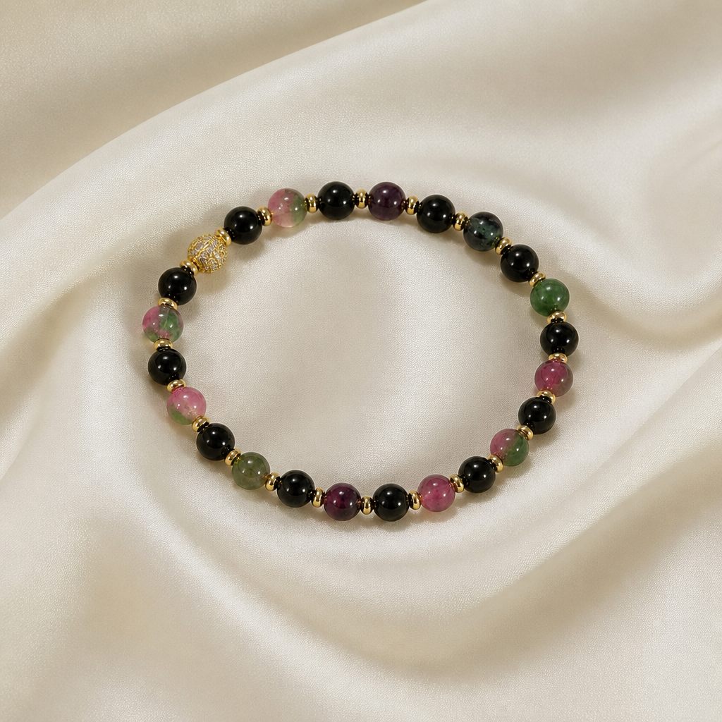 Bracciale a molla Onice e colori, nero, rosa, verde, viola, oro, foto 2 di 4