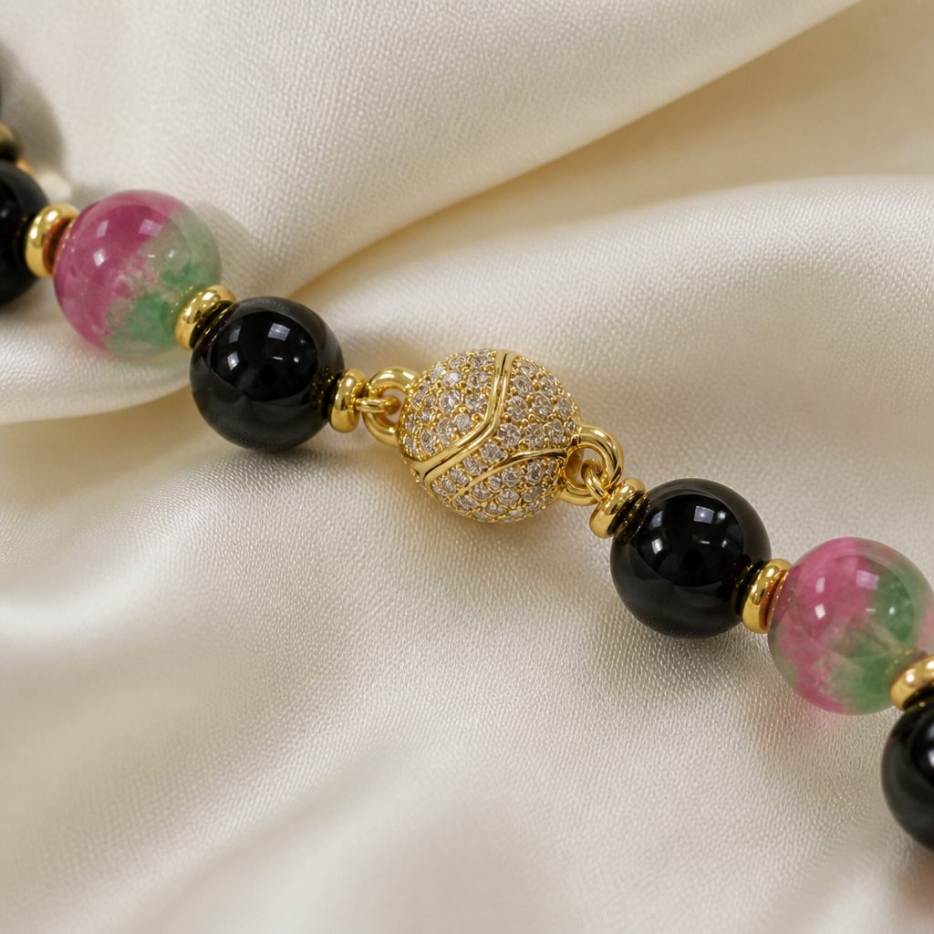 Bracciale a molla Onice e colori, nero, rosa, verde, viola, oro, foto 4 di 4