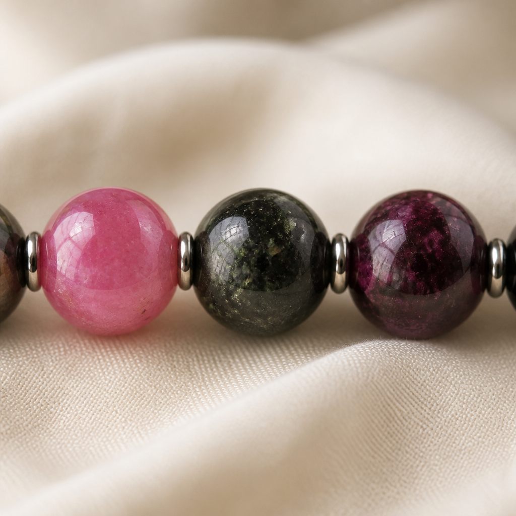 Bracciale a molla Bacca selvatica, rosa, verde, viola, nero, argento, oro satinato, foto 3 di 3