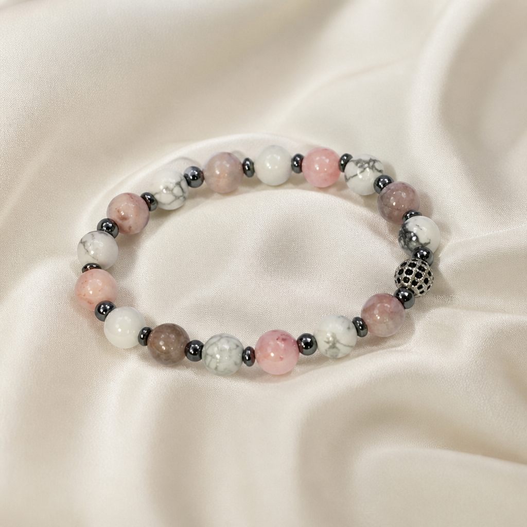 Bracciale a molla Marmo bianco, bianco, grigio, rosa, argento, foto 2 di 3