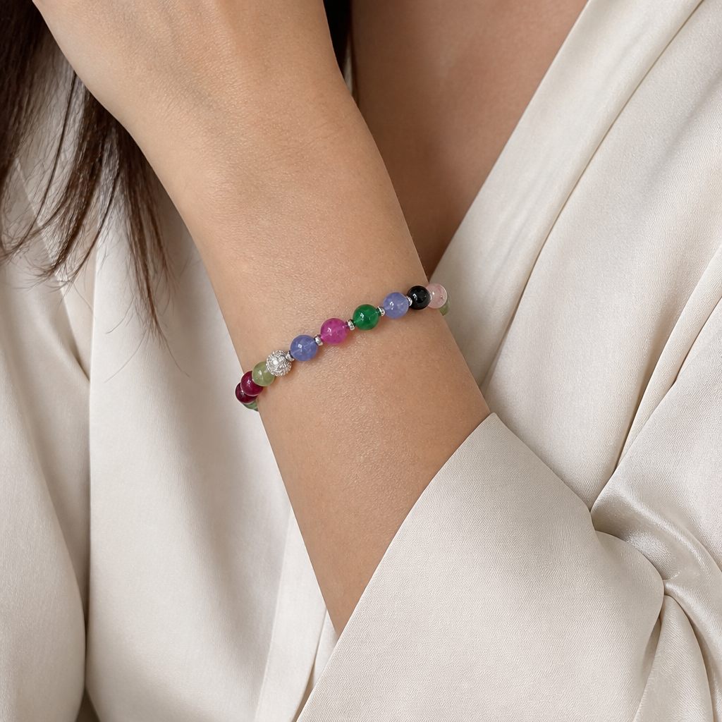 Bracciale a molla Arcobaleno, fucsia, verde, blu, lilla, nero, rosa, argento, foto 1 di 4