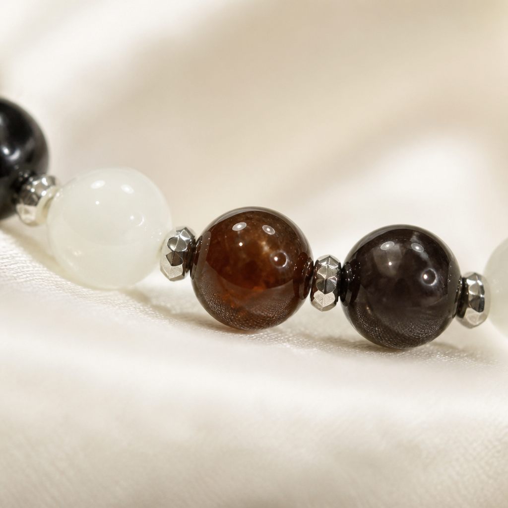 Bracciale a molla Cacao e latte, marrone scuro, bianco sporco, nero, argento, foto 3 di 4