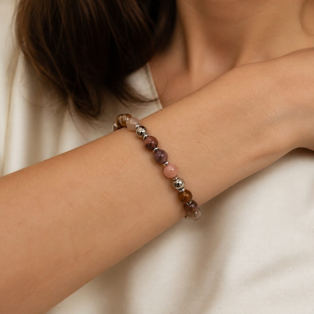 Bracciale a molla Pesca e terra, marrone, rosa pesca, beige, grigio, argento, foto 1 di 3
