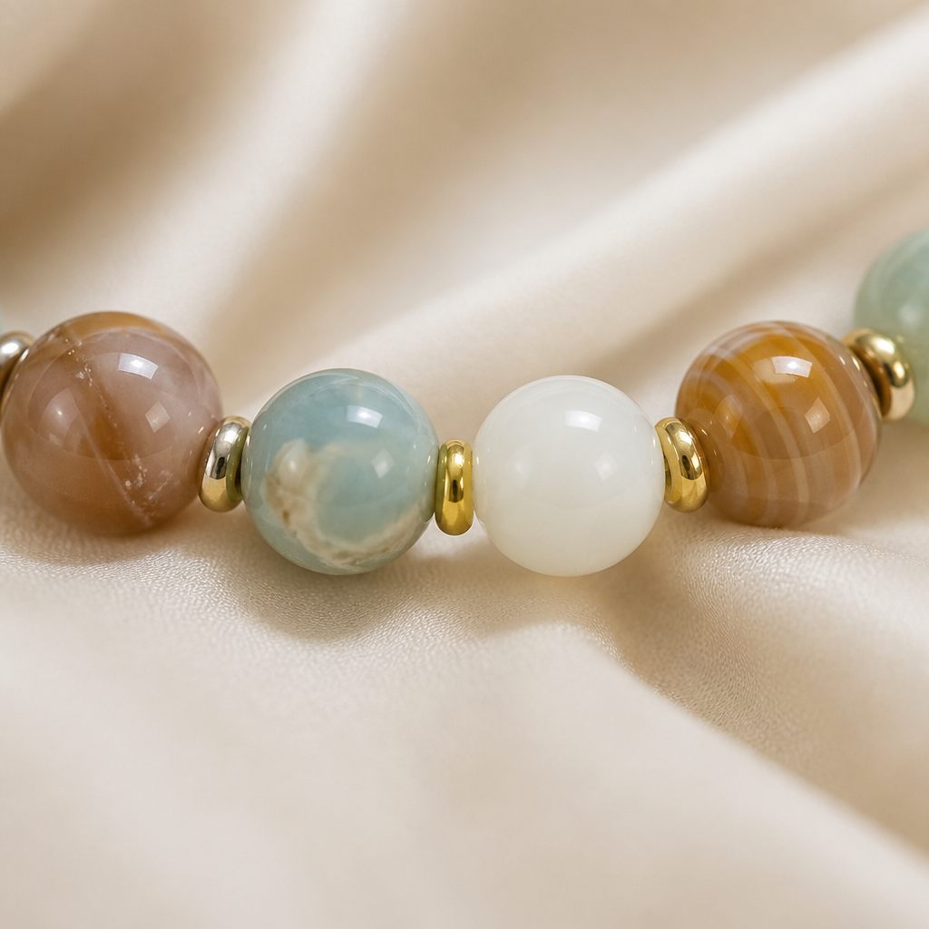 Bracciale a molla Acqua e cipria, azzurro acqua, rosa cipria, bianco, beige, oro, foto 3 di 4