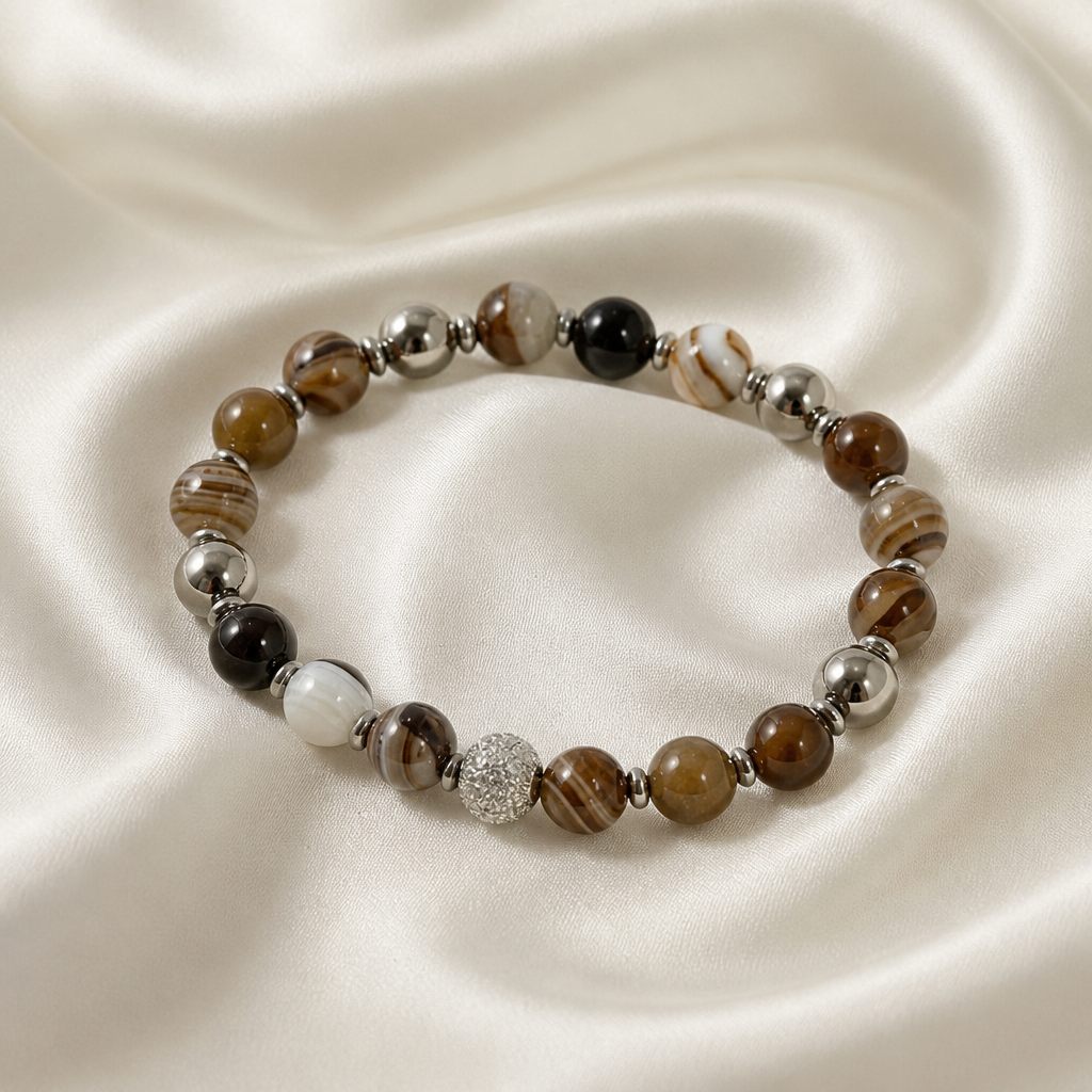 Bracciale a molla Agata striata, marrone, beige, nero, bianco, argento, foto 2 di 3