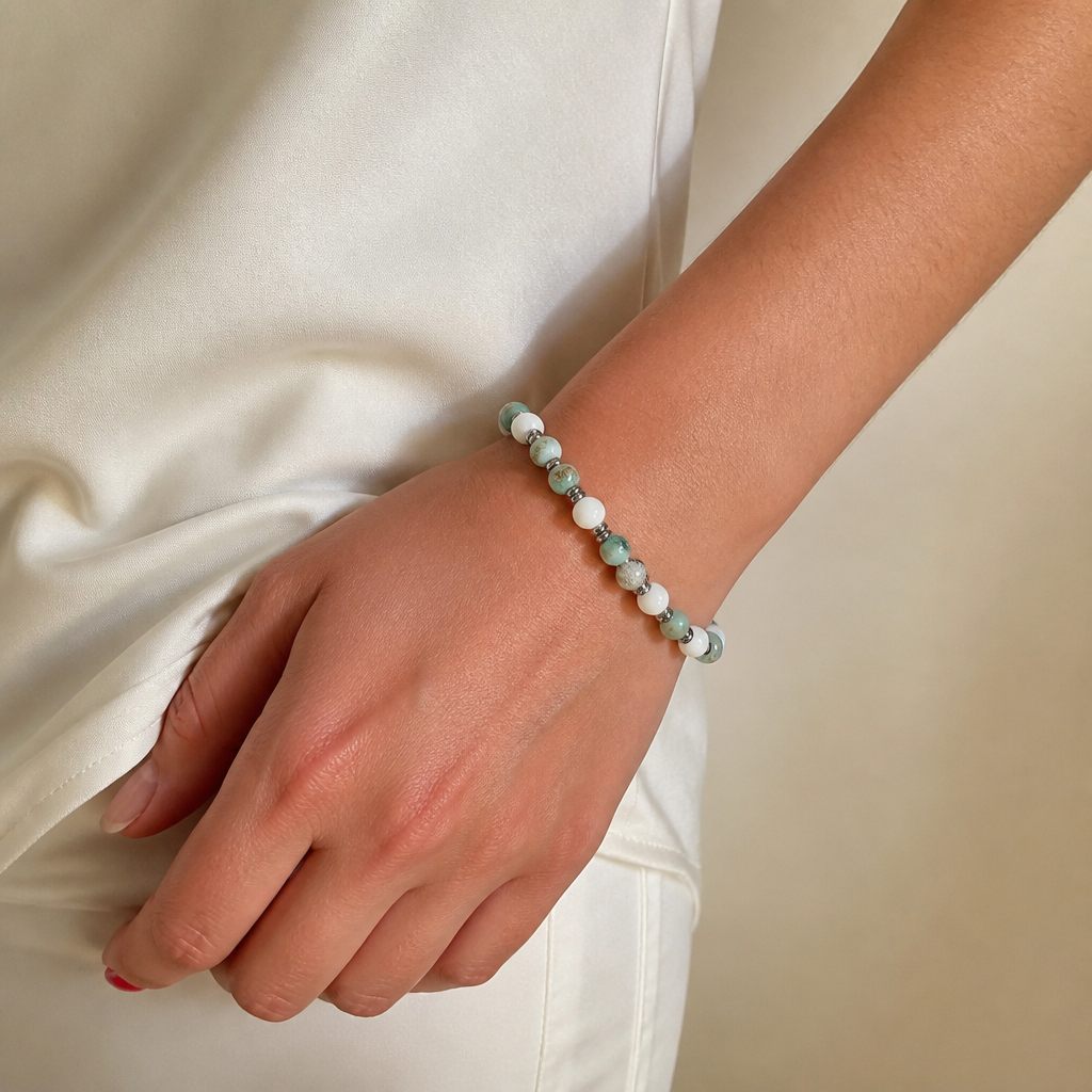 Bracciale a molla Mare chiaro, bianco, turchese, argento, foto 1 di 3