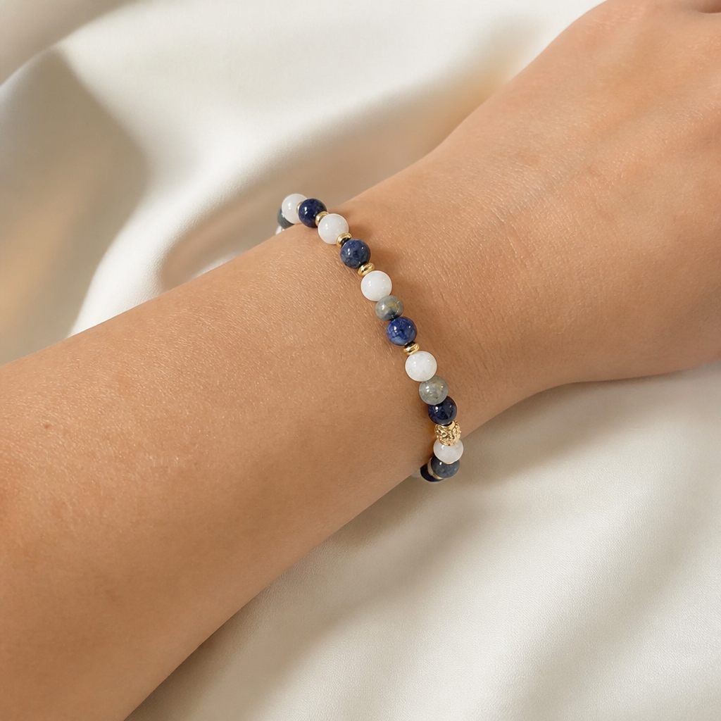 Bracciale a molla Cielo d'inverno, blu, bianco, grigio, oro, foto 1 di 3