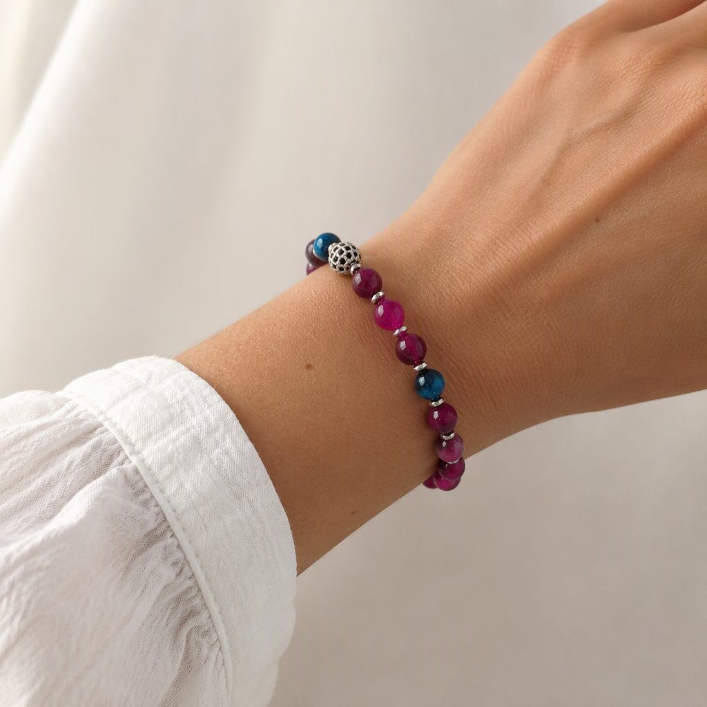 Bracciale a molla Fucsia e bordeaux, fucsia, bordeaux, blu petrolio, argento, foto 1 di 4