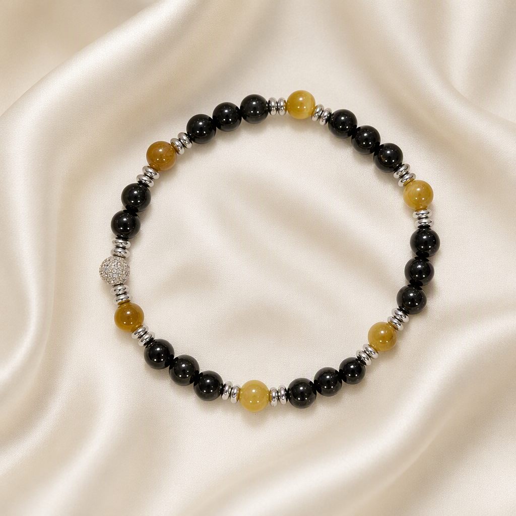 Bracciale a molla Nero e sole, nero, giallo, dorato, argento, foto 2 di 4