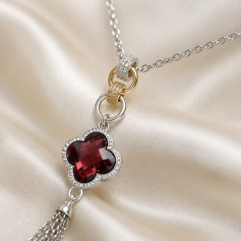 Collana Quadrifoglio bordeaux, argento, bordeaux, viola scuro, oro chiaro sui raccordi, foto 4 di 4