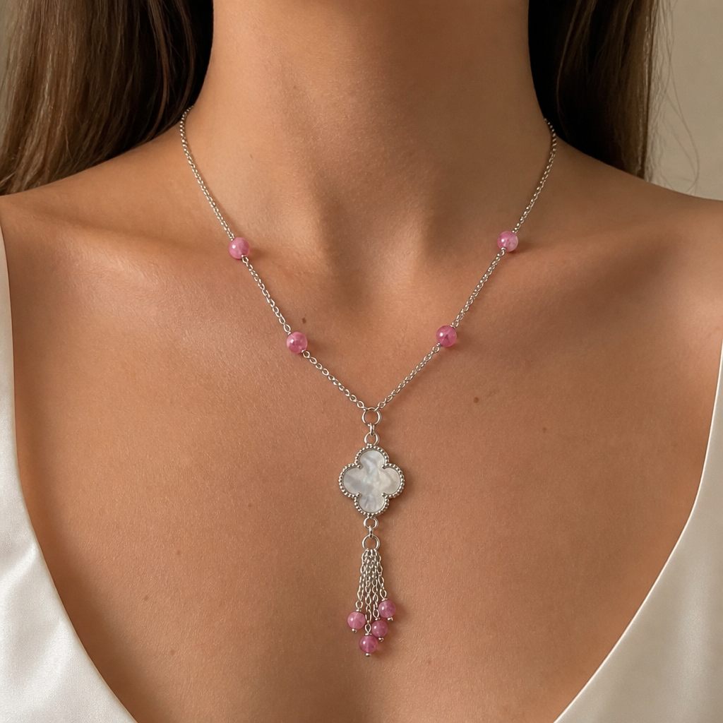 Collana Quadrifoglio rosa, argento, rosa, bianco madreperla, foto 1 di 4