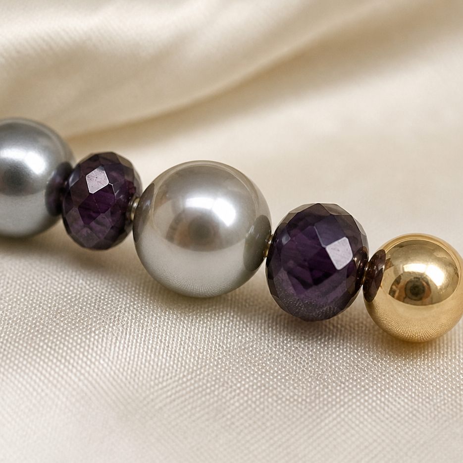 Collana Perla grigia, grigio perla, oro, viola, foto 3 di 4