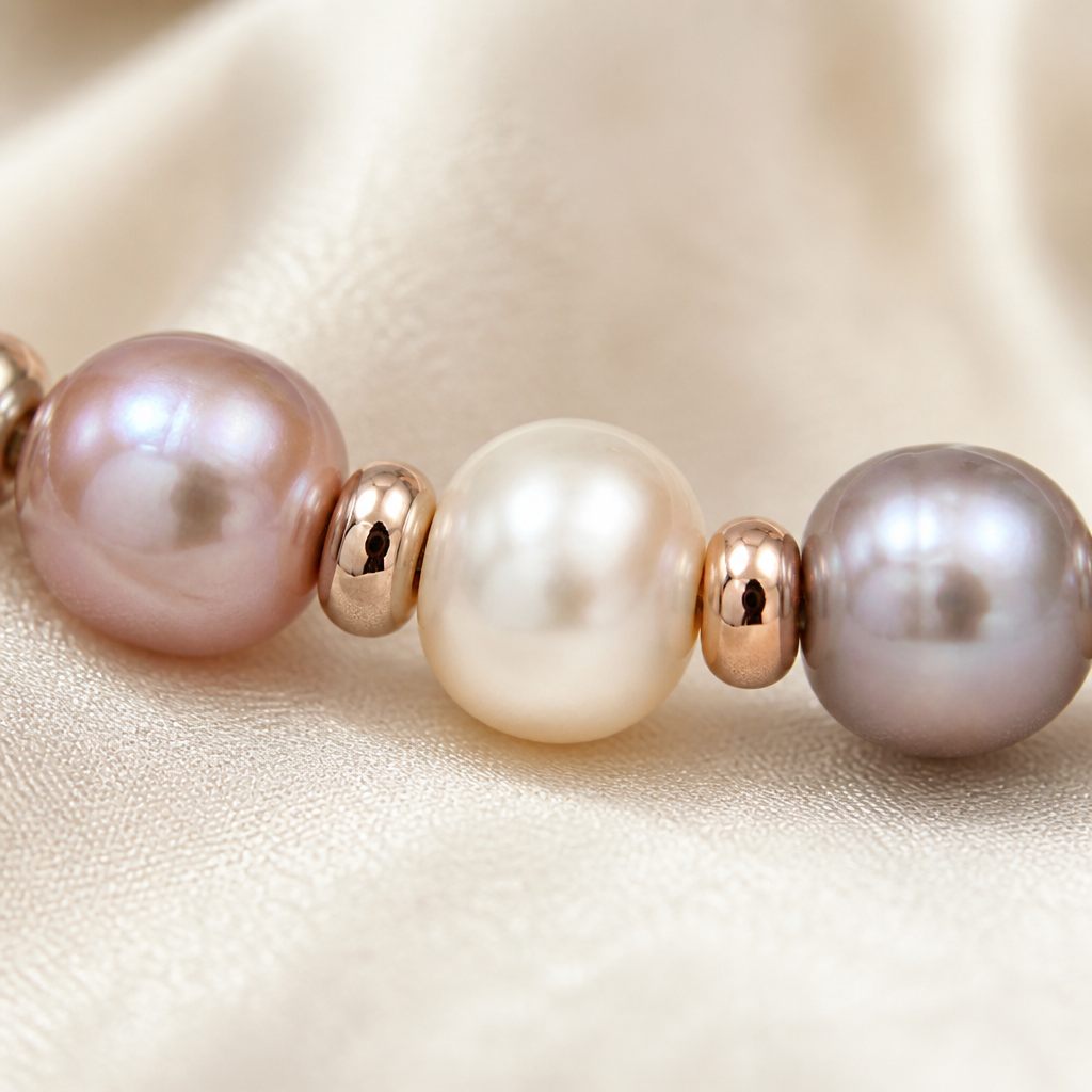 Collana Perle di luna, bianco perla, grigio, lilla, rosa gold, foto 3 di 4