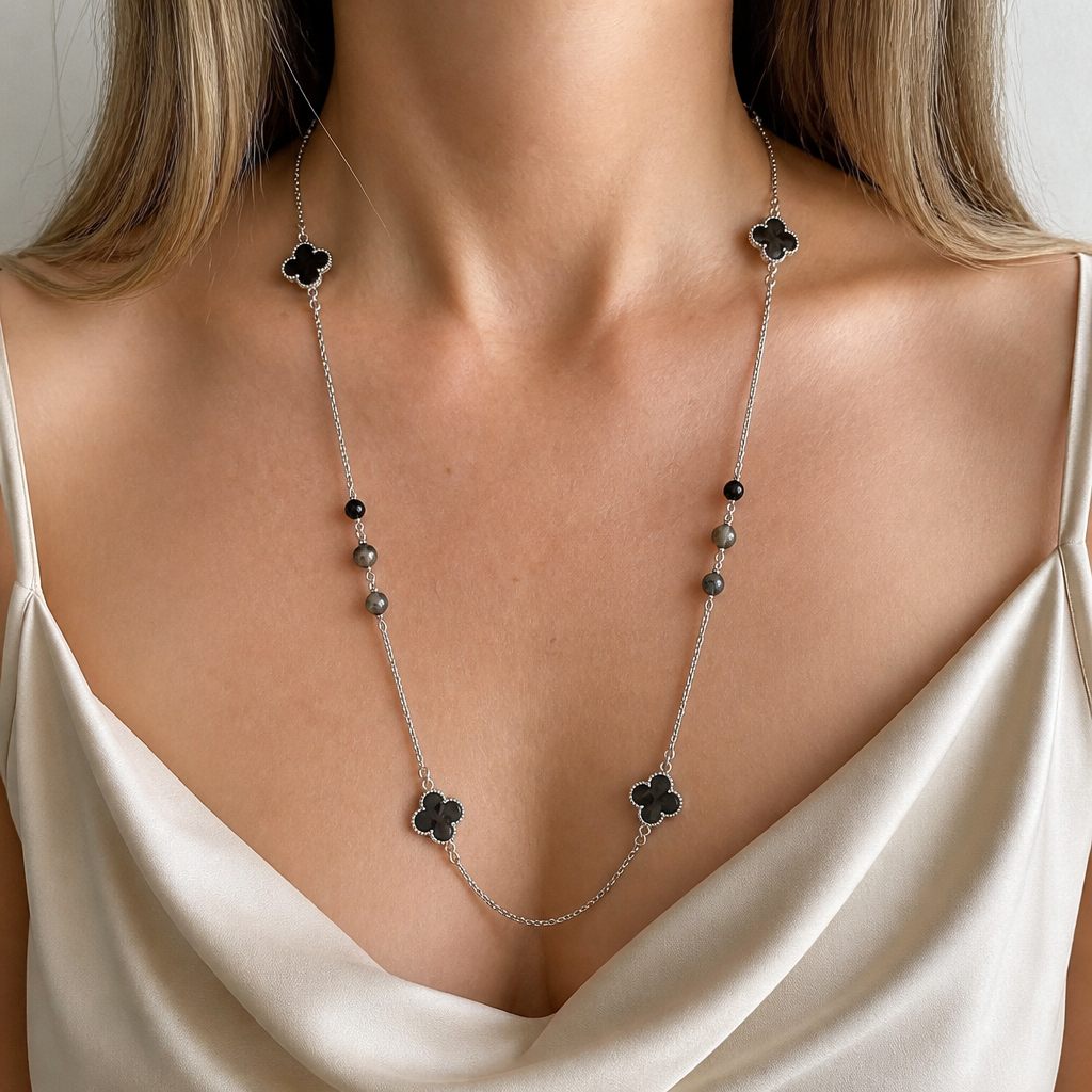 Collana Quadrifogli neri, argento, nero, grigio, foto 1 di 4