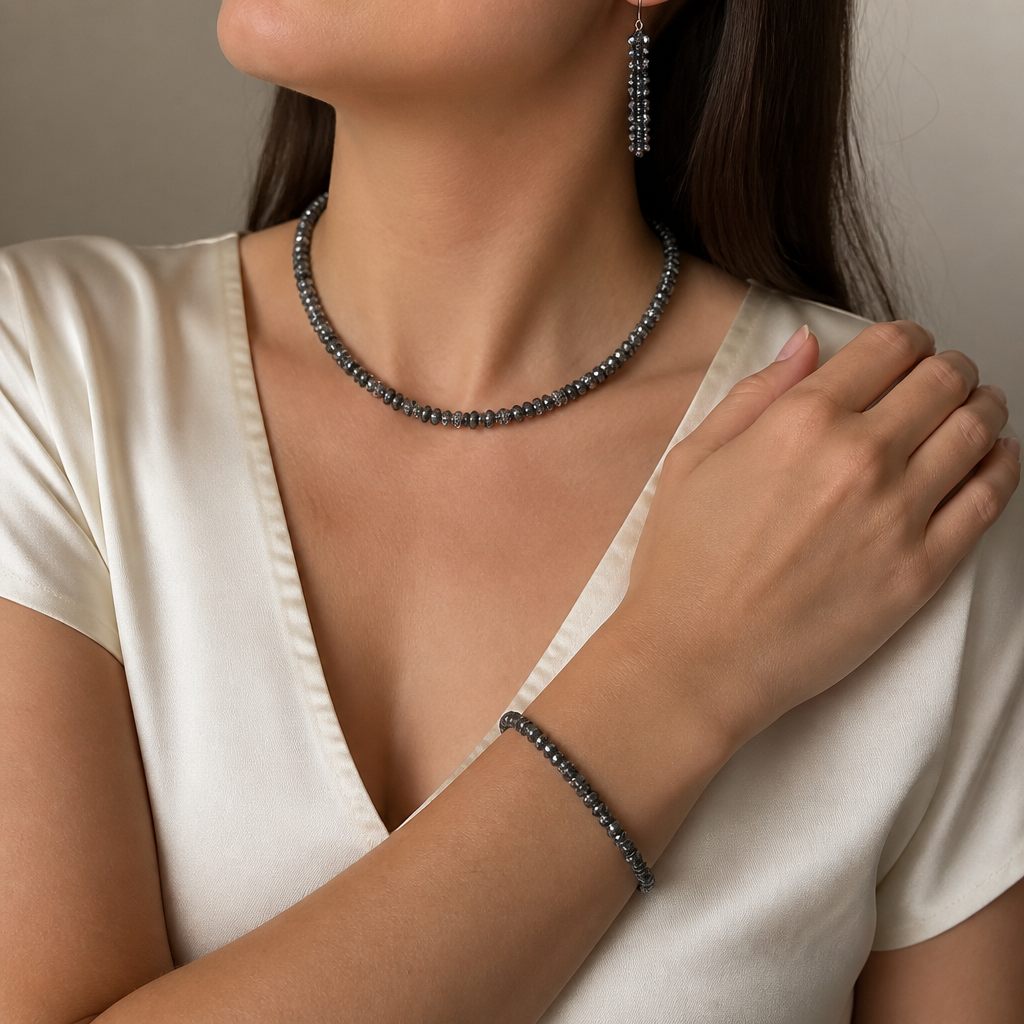 Set collana, bracciale e orecchini Ematite, grigio, nero, argento, foto 1 di 5