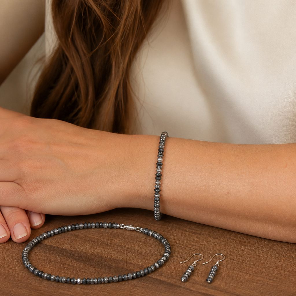 Set collana, bracciale e orecchini Ematite, grigio, nero, argento, foto 5 di 5