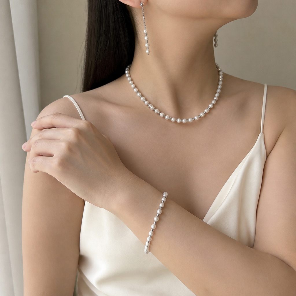 Set collana, bracciale e orecchini Perle e fumo, bianco, grigio, argento, foto 1 di 5
