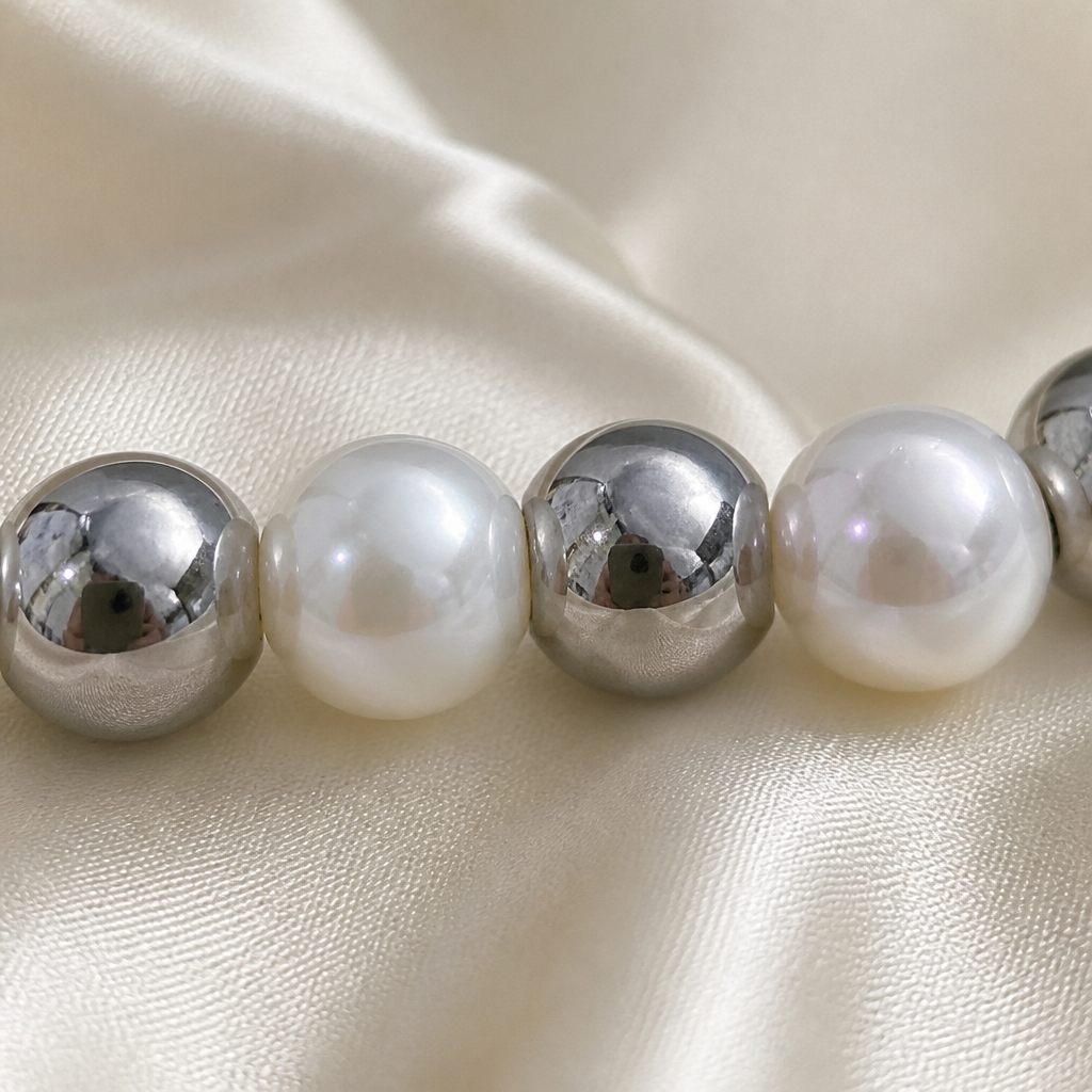 Set collana e orecchini Perla classica, bianco, argento, foto 3 di 5