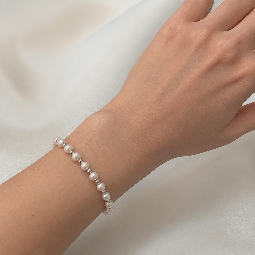 Set collana e orecchini Perla classica, bianco, argento, foto 5 di 5