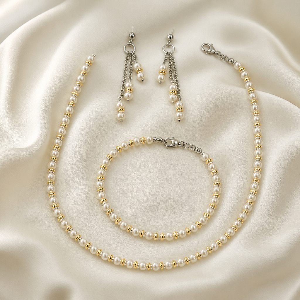 Set collana, bracciale e orecchini Perla e oro, bianco perla, oro, argento, foto 2 di 5