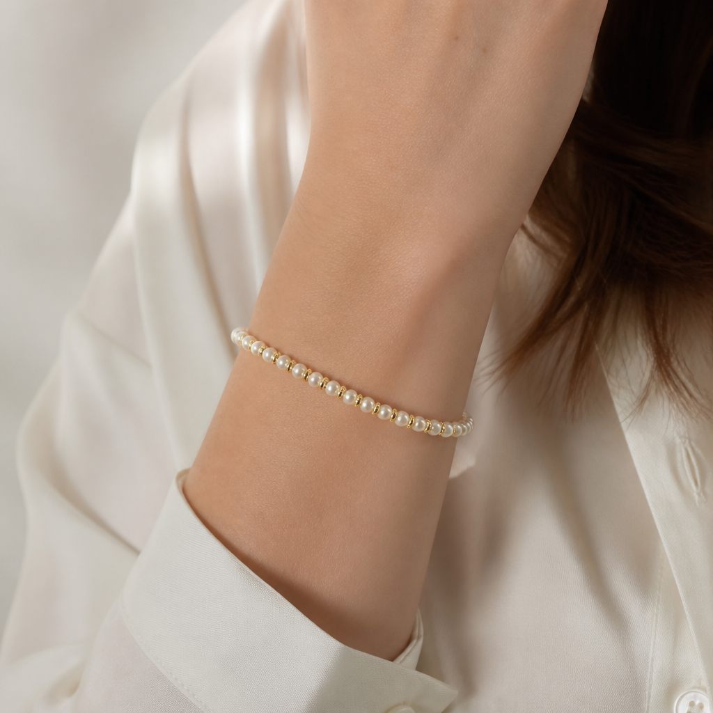 Set collana, bracciale e orecchini Perla d'avorio, bianco perla, oro, argento, foto 5 di 5