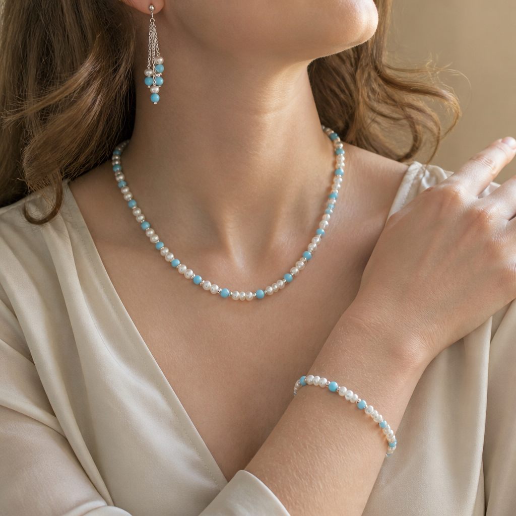 Set collana, bracciale e orecchini Cielo di perle, bianco perla, azzurro, argento, foto 1 di 5