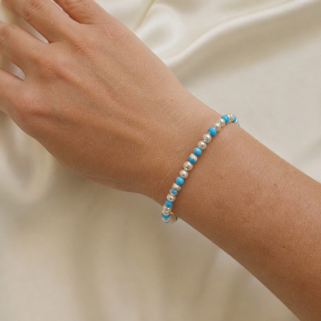 Set collana, bracciale e orecchini Cielo di perle, bianco perla, azzurro, argento, foto 5 di 5