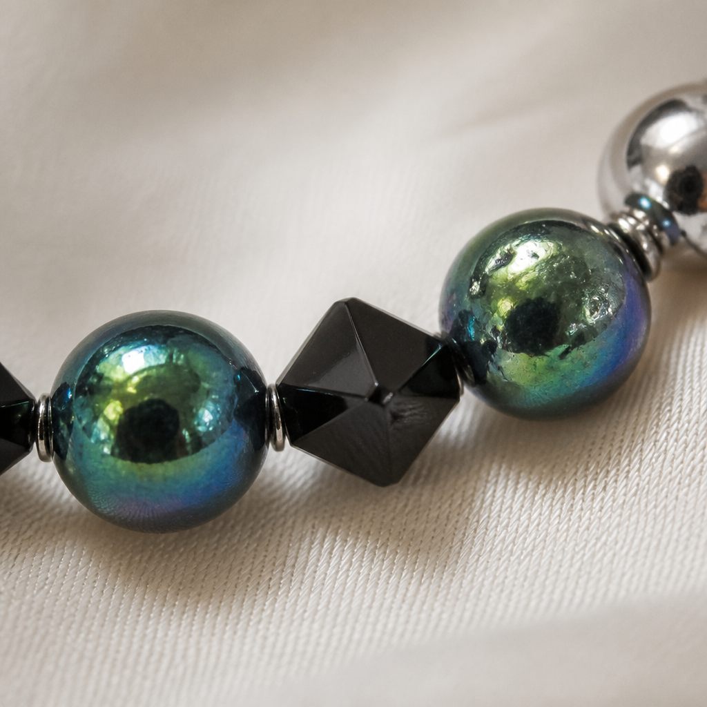 Set collana, bracciale e orecchini Petrolio, verde petrolio, nero, argento, foto 3 di 5
