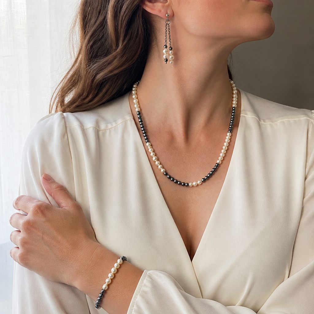 Set collana, bracciale e orecchini Grigio perla, bianco crema, grigio scuro, argento, foto 1 di 5