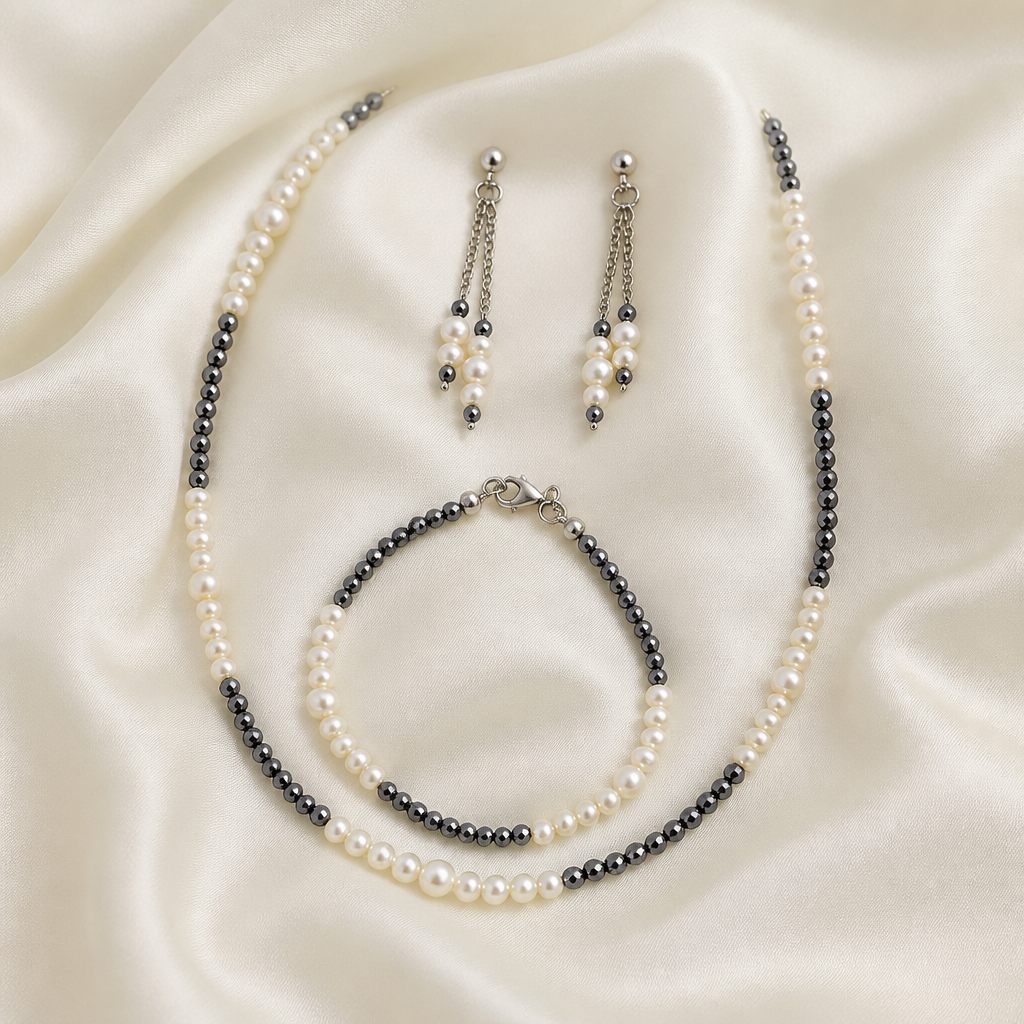 Set collana, bracciale e orecchini Grigio perla, bianco crema, grigio scuro, argento, foto 2 di 5