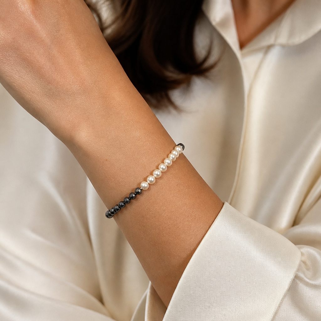 Set collana, bracciale e orecchini Bianco e grafite, bianco, grigio scuro, argento, foto 5 di 5