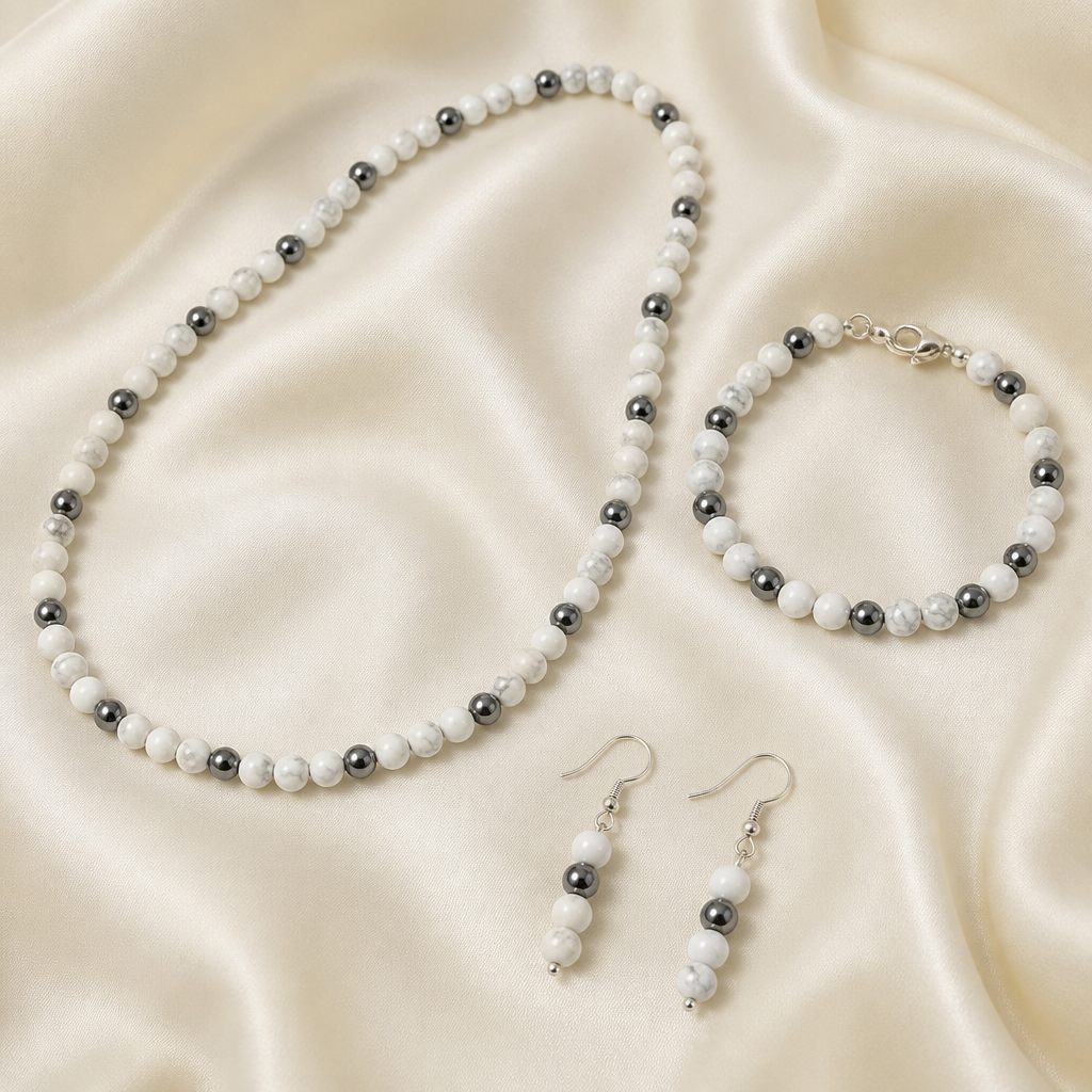 Set collana, bracciale e orecchini Marmo grigio, bianco, grigio antracite, argento, foto 2 di 5