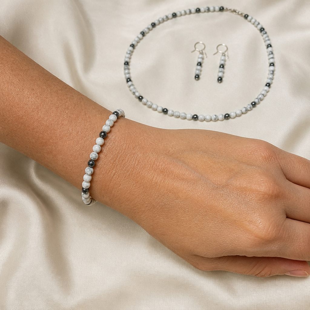Set collana, bracciale e orecchini Marmo grigio, bianco, grigio antracite, argento, foto 5 di 5