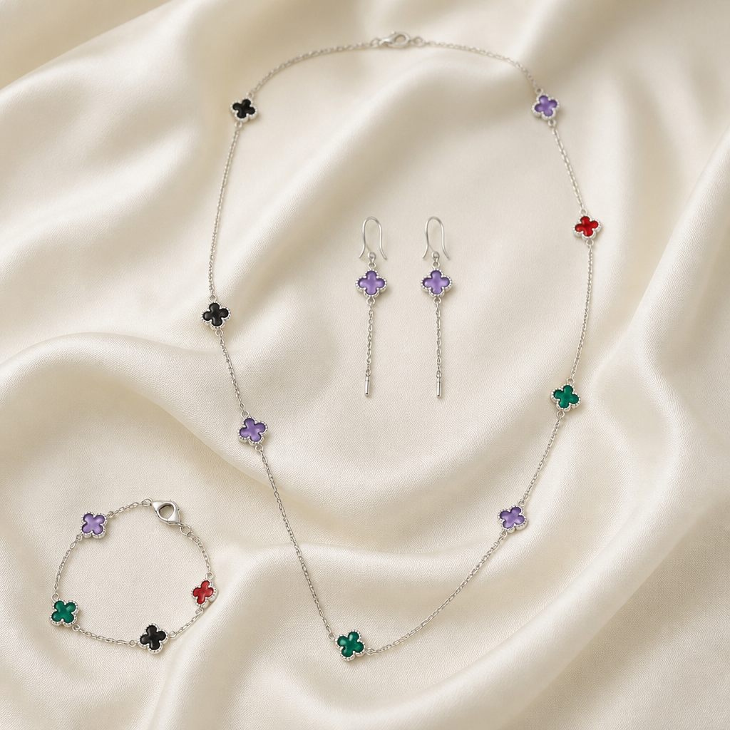 Set collana e orecchini Quadrifogli colorati, argento, viola, nero, rosso, verde, foto 2 di 5