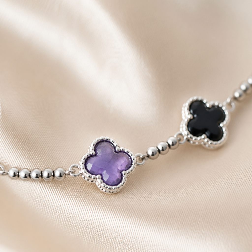 Set collana e orecchini Quadrifogli colorati, argento, viola, nero, rosso, verde, foto 3 di 5