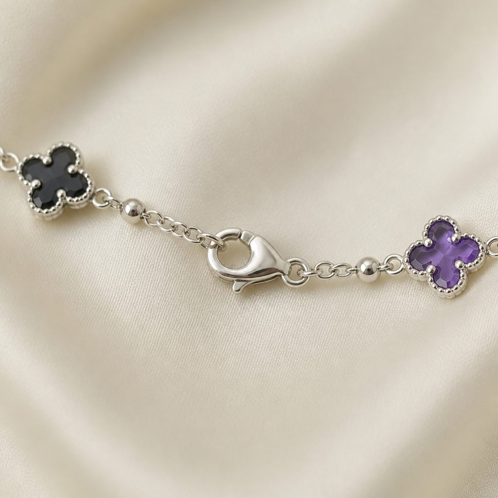 Set collana e orecchini Quadrifogli colorati, argento, viola, nero, rosso, verde, foto 4 di 5