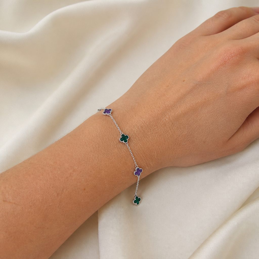 Set collana e orecchini Quadrifogli colorati, argento, viola, nero, rosso, verde, foto 5 di 5