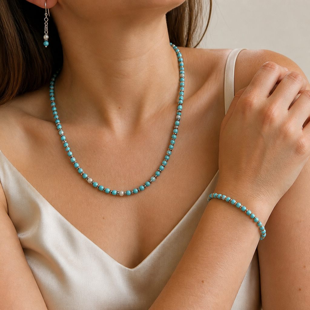 Set collana, bracciale e orecchini Mare di turchese, turchese, bianco, argento, oro, foto 1 di 5
