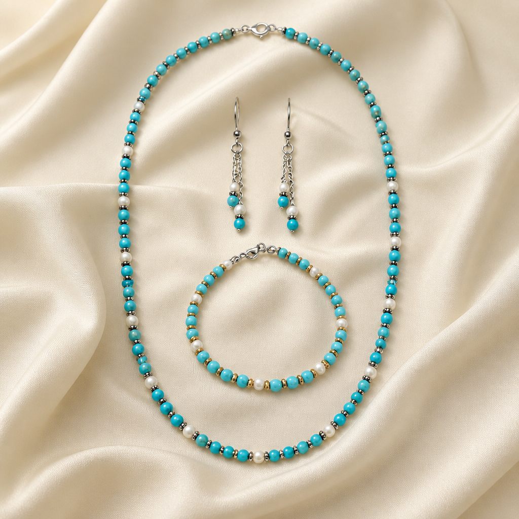 Set collana, bracciale e orecchini Mare di turchese, turchese, bianco, argento, oro, foto 2 di 5