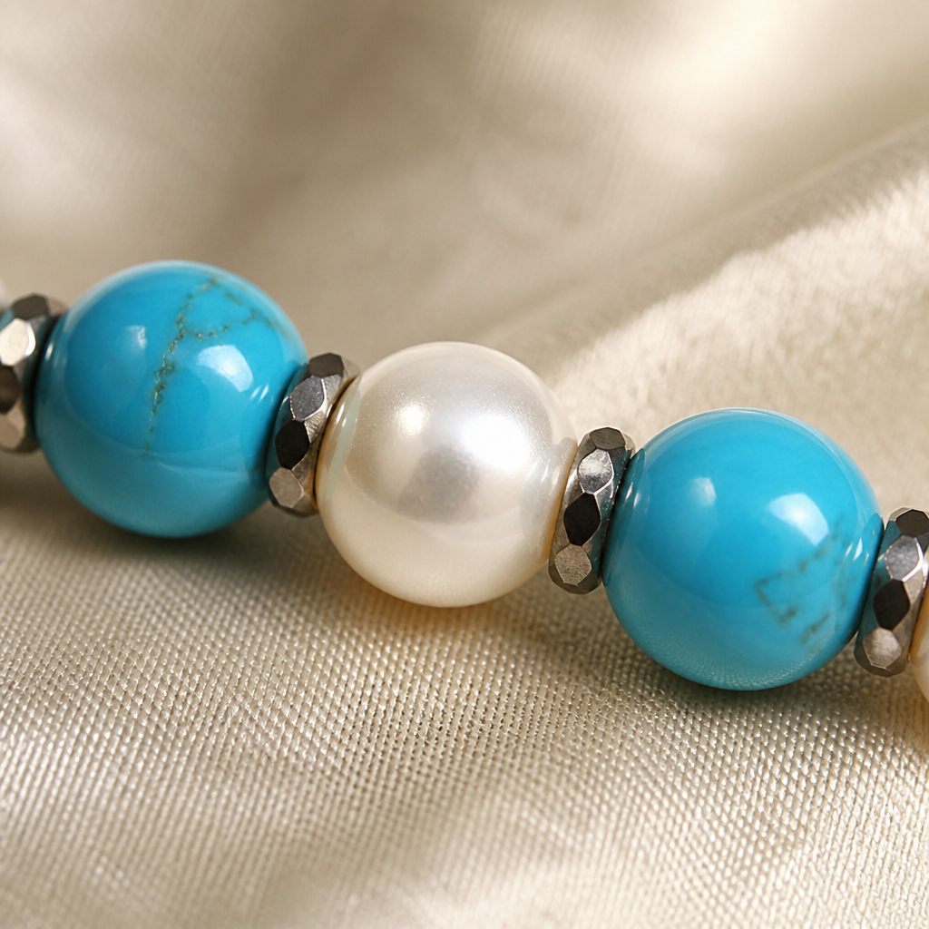 Set collana, bracciale e orecchini Mare di turchese, turchese, bianco, argento, oro, foto 3 di 5