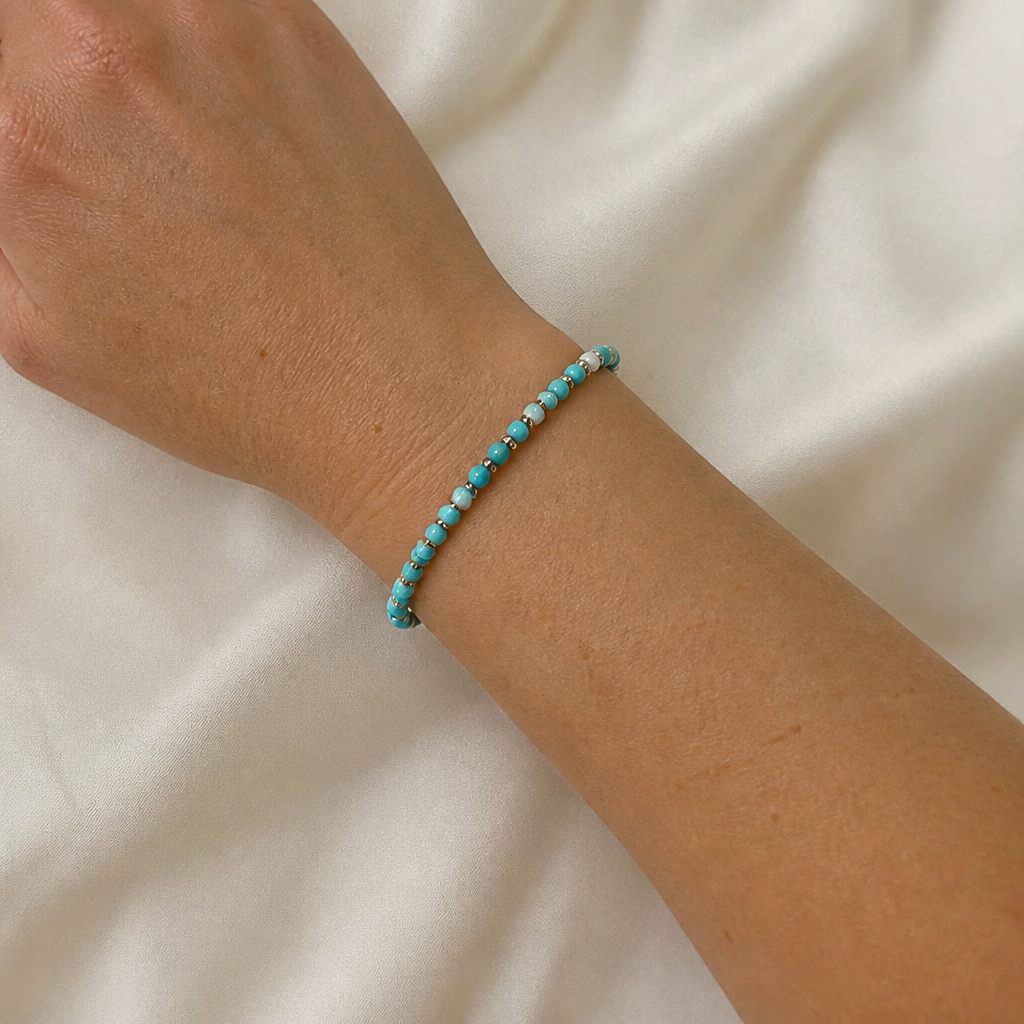 Set collana, bracciale e orecchini Mare di turchese, turchese, bianco, argento, oro, foto 5 di 5