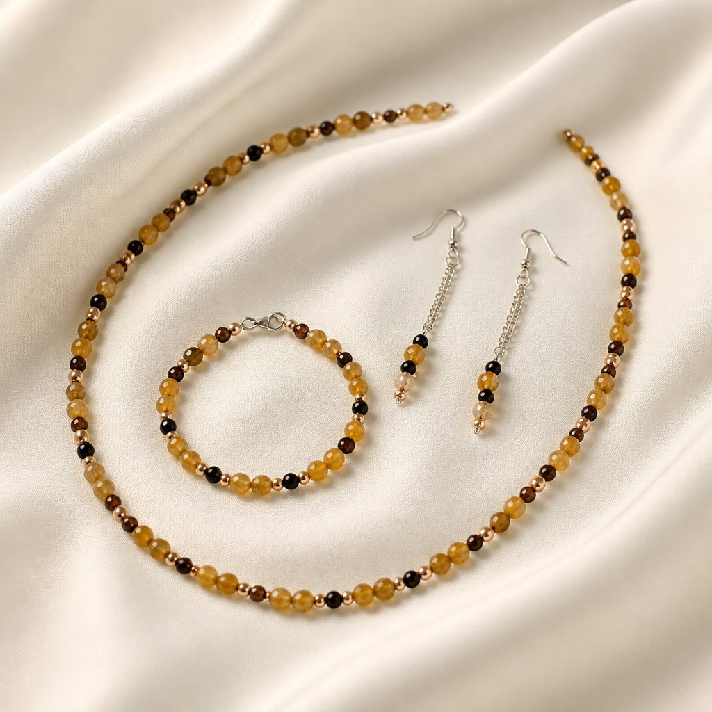Set collana e orecchini Ambra e notte, giallo, nero, oro rosa, argento, foto 2 di 5